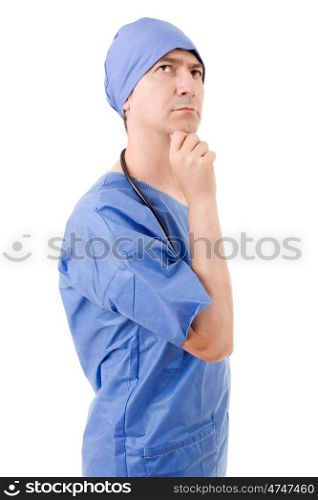 male doctor thinking, isolated over white background