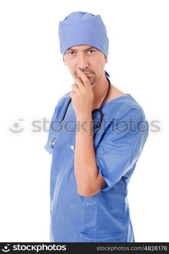 male doctor thinking, isolated over white background
