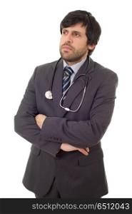 male doctor thinking, isolated over white background. doctor thinking
