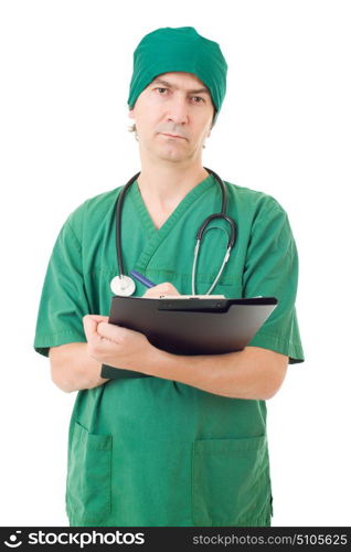 male doctor thinking with his notes, isolated over white background