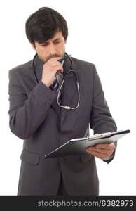 male doctor thinking with his notes, isolated over white background