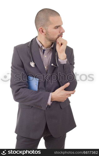 male doctor thinking with his notes, isolated over white background