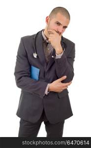 male doctor thinking with his notes, isolated over white background. doctor thinking