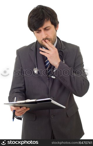 male doctor thinking with his notes, isolated over white background. doctor thinking
