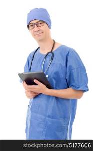 male doctor with tablet on white background