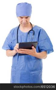male doctor with tablet on white background. doctor