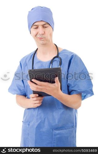 male doctor with tablet pc on white background. doctor with tablet