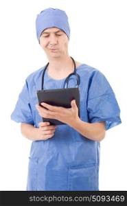 male doctor with tablet pc on white background. doctor with tablet