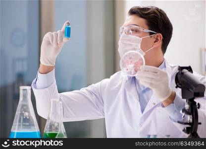 Male doctor working in the lab on virus vaccine. The male doctor working in the lab on virus vaccine