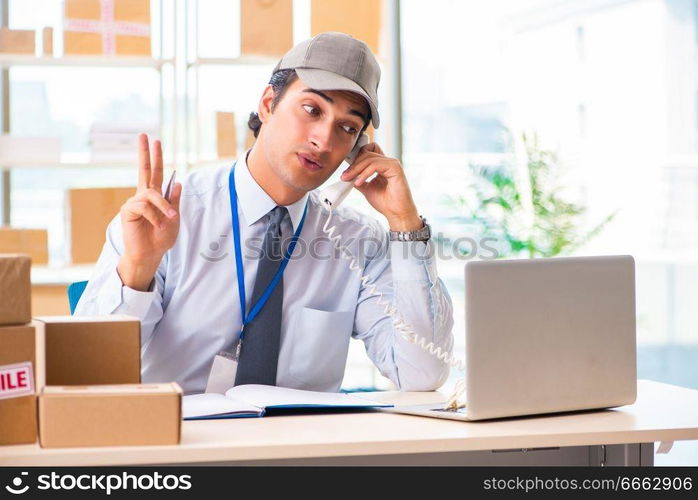 Male employee working in box delivery relocation service