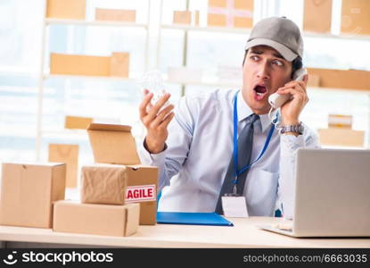 Male employee working in box delivery relocation service