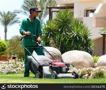 Male gardener cutting grass with lawn mower