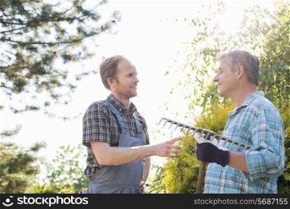 Male gardeners conversing at plant nursery