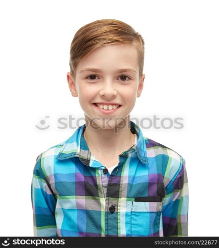 male, gender, childhood, fashion and people concept - smiling boy in checkered shirt