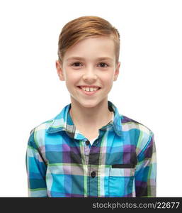 male, gender, childhood, fashion and people concept - smiling boy in checkered shirt