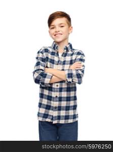male, gender, childhood, fashion and people concept - smiling boy in checkered shirt and jeans