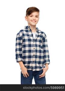 male, gender, childhood, fashion and people concept - smiling boy in checkered shirt and jeans