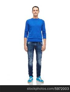 male, gender, fashion and people concept - smiling young man in blue pullover and jeans