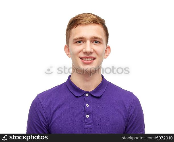 male, gender, fashion and people concept - smiling young man in purple polo t-shirt