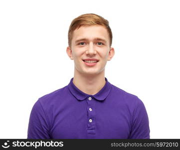 male, gender, fashion and people concept - smiling young man in purple polo t-shirt