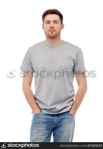 male, gender, fashion and people concept - young man in gray t-shirt and jeans