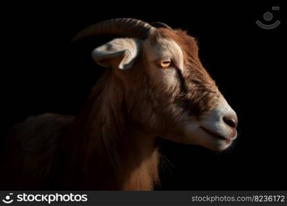 Male goat head in low light. Wild mammal. Generate Ai. Male goat head in low light. Generate Ai
