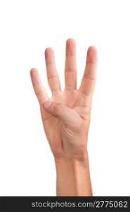 Male hand gesture number four closeup isolated on a white background