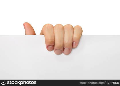 male hand hold with fingers blank white paper sheet isolated