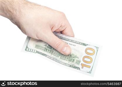 male hand holding 100 dollars isolated on white background
