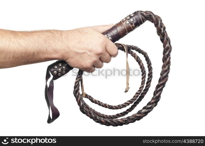 male hand holding brown leather whip isolated on white background