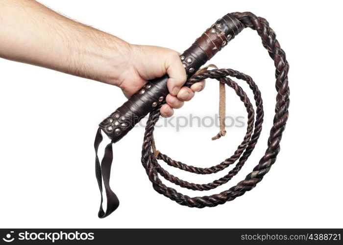 male hand holding brown leather whip isolated on white background