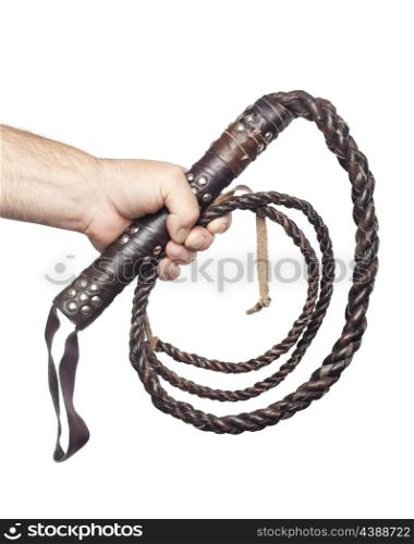 male hand holding brown leather whip isolated on white background