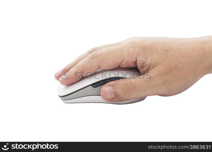 Male hand holding computer mouse isolated on white