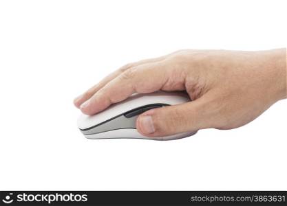 Male hand holding computer mouse isolated on white