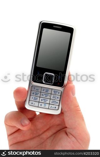 Male hand holding mobile phone. The screen is cut with clipping path