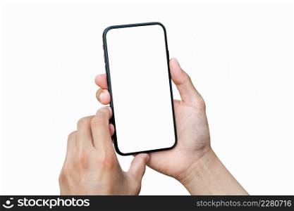 Male hand holding smartphone with blank screen isolated on white background.