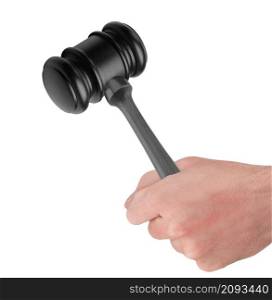 Male hand holding wooden gavel isolated on white background