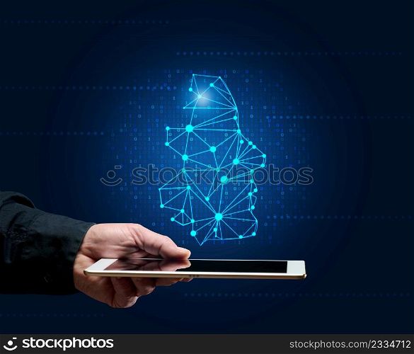 male hand holds a tablet and a holographic drawing of a robot head. The concept of learning artificial intelligence to improve search engines, application performance and satisfaction of needs