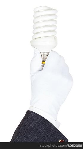male hand in business suit and textile glove holds compact fluorescent lamp isolated on white background
