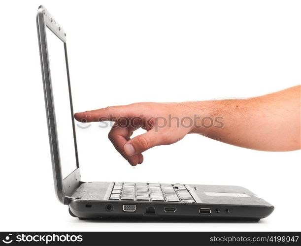 male hand is pointing on laptop, cut out from white
