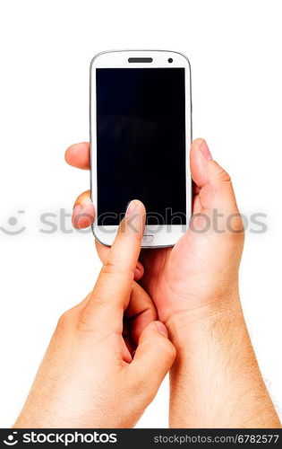 male hand is touching a modern touch screen phone. Screen is cut with clipping path