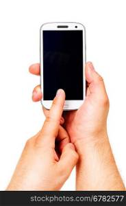 male hand is touching a modern touch screen phone. Screen is cut with clipping path