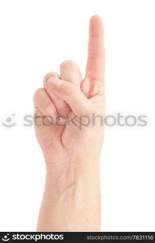 Male hand isolated on white background showing one finger