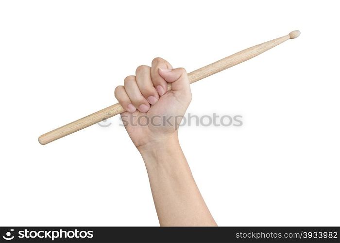 Male hand raising or holding drum sticks isolated on white background as musical theme