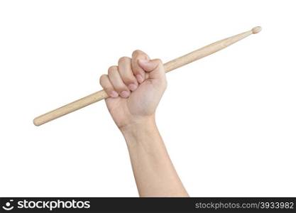 Male hand raising or holding drum sticks isolated on white background as musical theme
