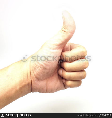 male hand showing thumbs up sign isolated on white background