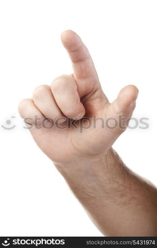 male hand touching virtual screen isolated on white background