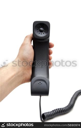 Male hand with a telephone receiver isolated on white background