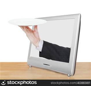 male hand with empty flat white plate leans out TV screen isolated on white background