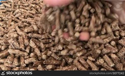 Male hand with pile of wood pellets